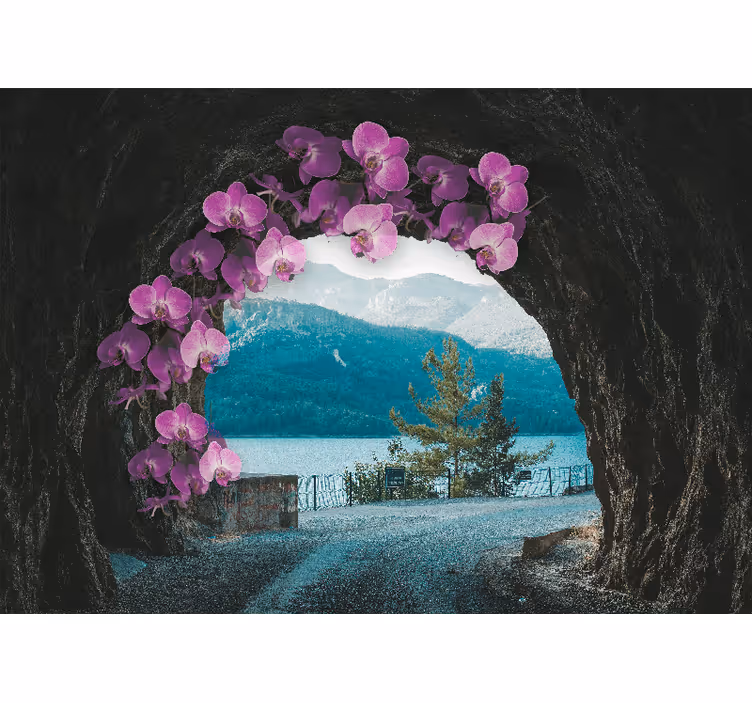Orchidėjos, įrėminančios kraštovaizdį gėlių sienos freska - „Tenstickers“