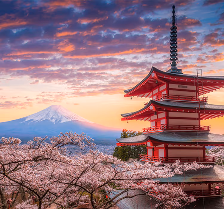 Fudžio kalnų ir japonų buidlings sienų paveikslas - „Tenstickers“