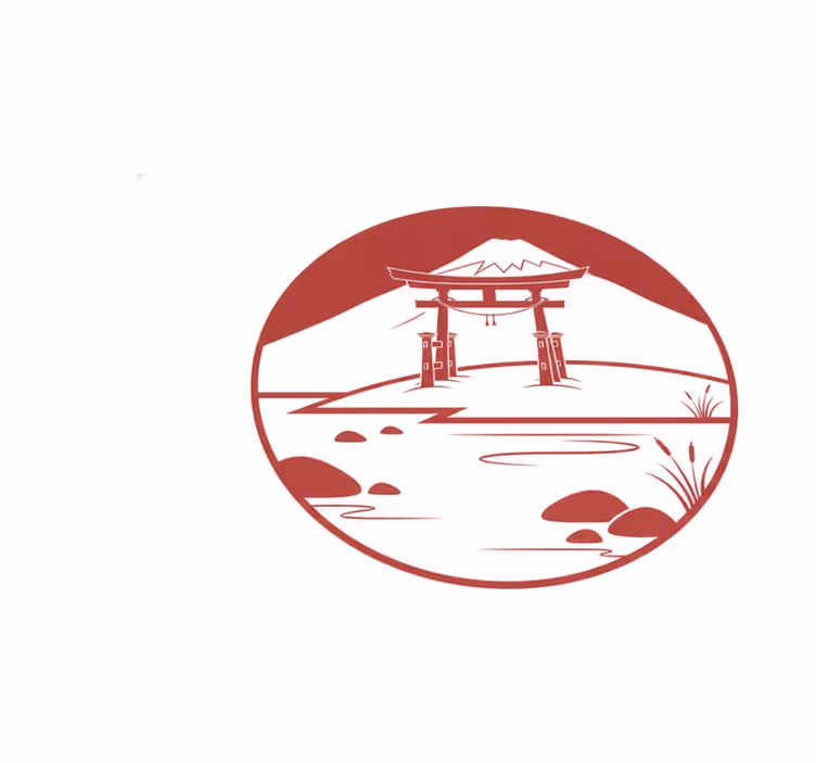 Raudonas kilimėlis japonų struktūrai su ežeru ir kalnais - „Tenstickers“