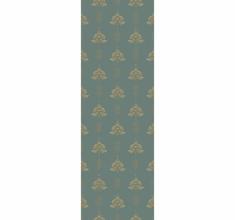 Žali tapetas su teal jugendstil raštu ir auksinėmis gėlėmis - „Tenstickers“