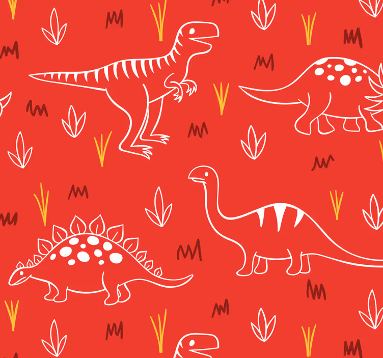 Nupiešti dinozaurai ant raudonų gyvūnų tapetų - „Tenstickers“
