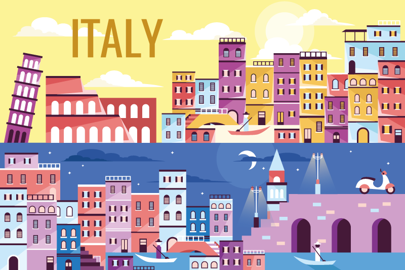 Stalo padėklai su vardu gyvybinga italijos miesto panorama - „Tenstickers“