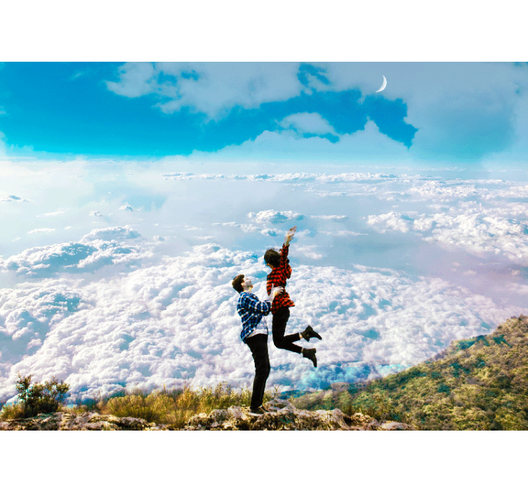 Džiaugsmingas apkabinimas virš debesų meilės sienos freska - „Tenstickers“