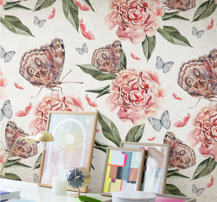 Gėlių sienos freska drugeliai ir peonijos - „Tenstickers“