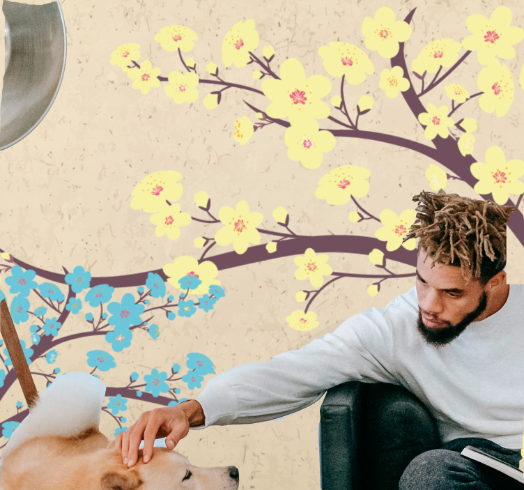 Gėlių sienos freska geltonų žiedų šakelės - „Tenstickers“