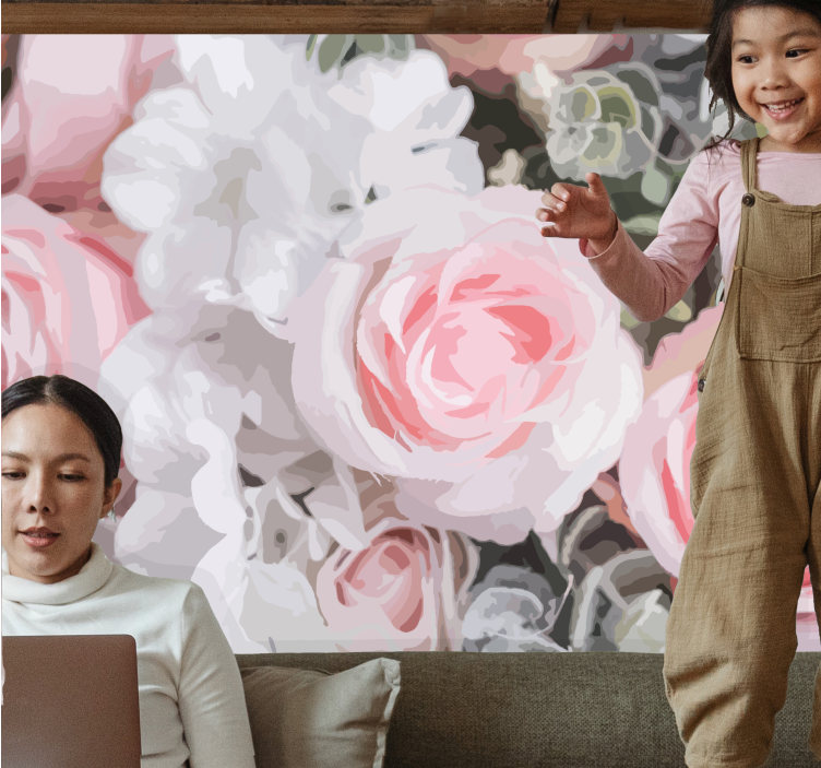 Gėlių sienos freska romantiški rožiniai žiedai - „Tenstickers“