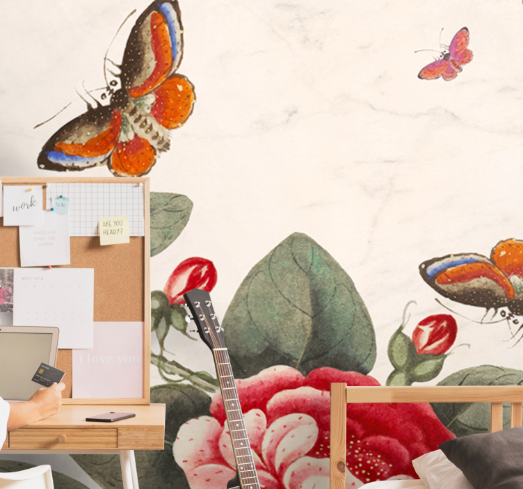 Gėlių sienos freska skraidantys vabzdžiai ir žiedai - „Tenstickers“