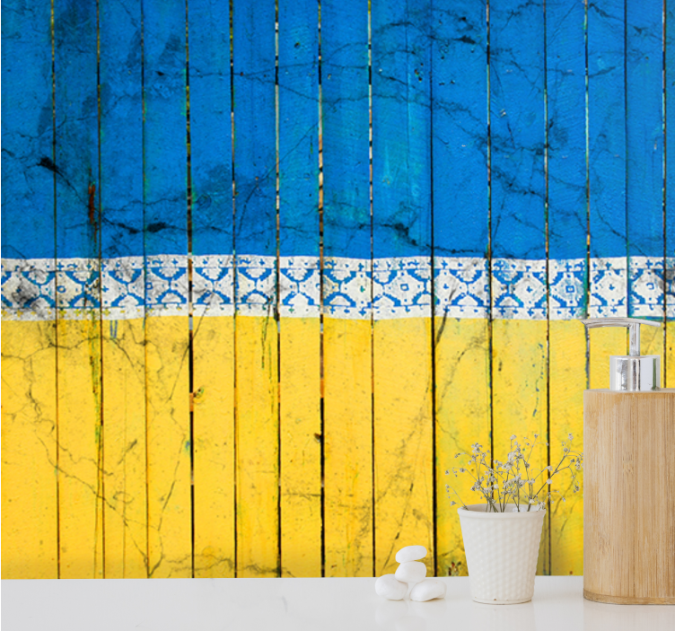 Geltonos ir mėlynos medinės sienų fototapetai - „Tenstickers“