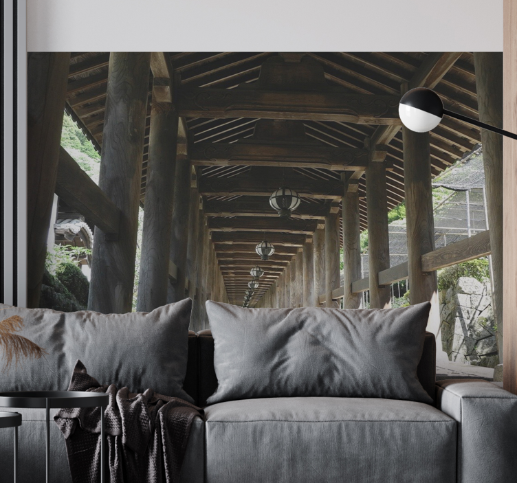 Koridorius su mediniais stulpais 3d sieninis paveikslas - „Tenstickers“