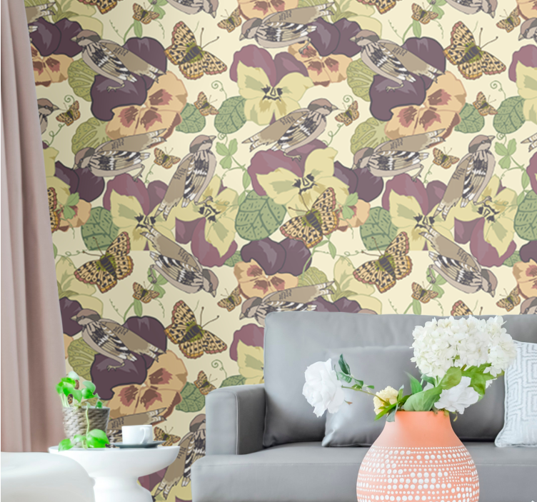 Vintažinis raštas su spalvingais paukščiais ir fototapetai - „Tenstickers“