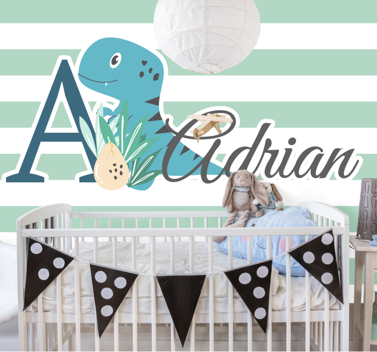 T-rex su inicialu ir pavadinimu vaikų miegamojo sienų freska - „Tenstickers“