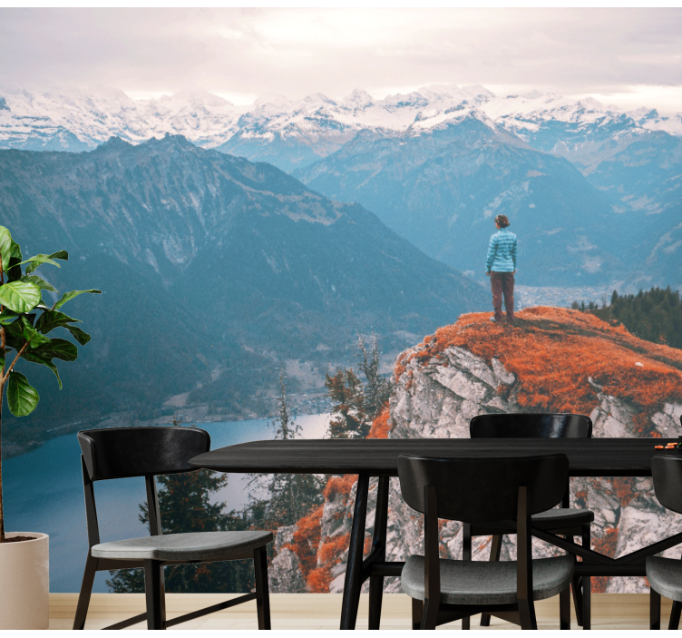Vienišas asmuo ant kalno viršūnės sienų fototapetai - „Tenstickers“