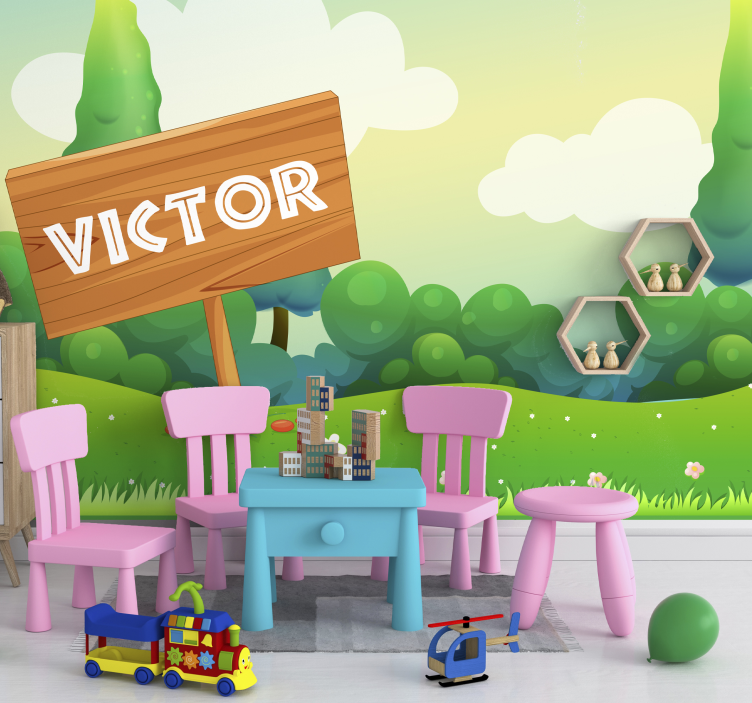 žaismingas žalias peizažas vaikų miegamojo sienų freska - „Tenstickers“