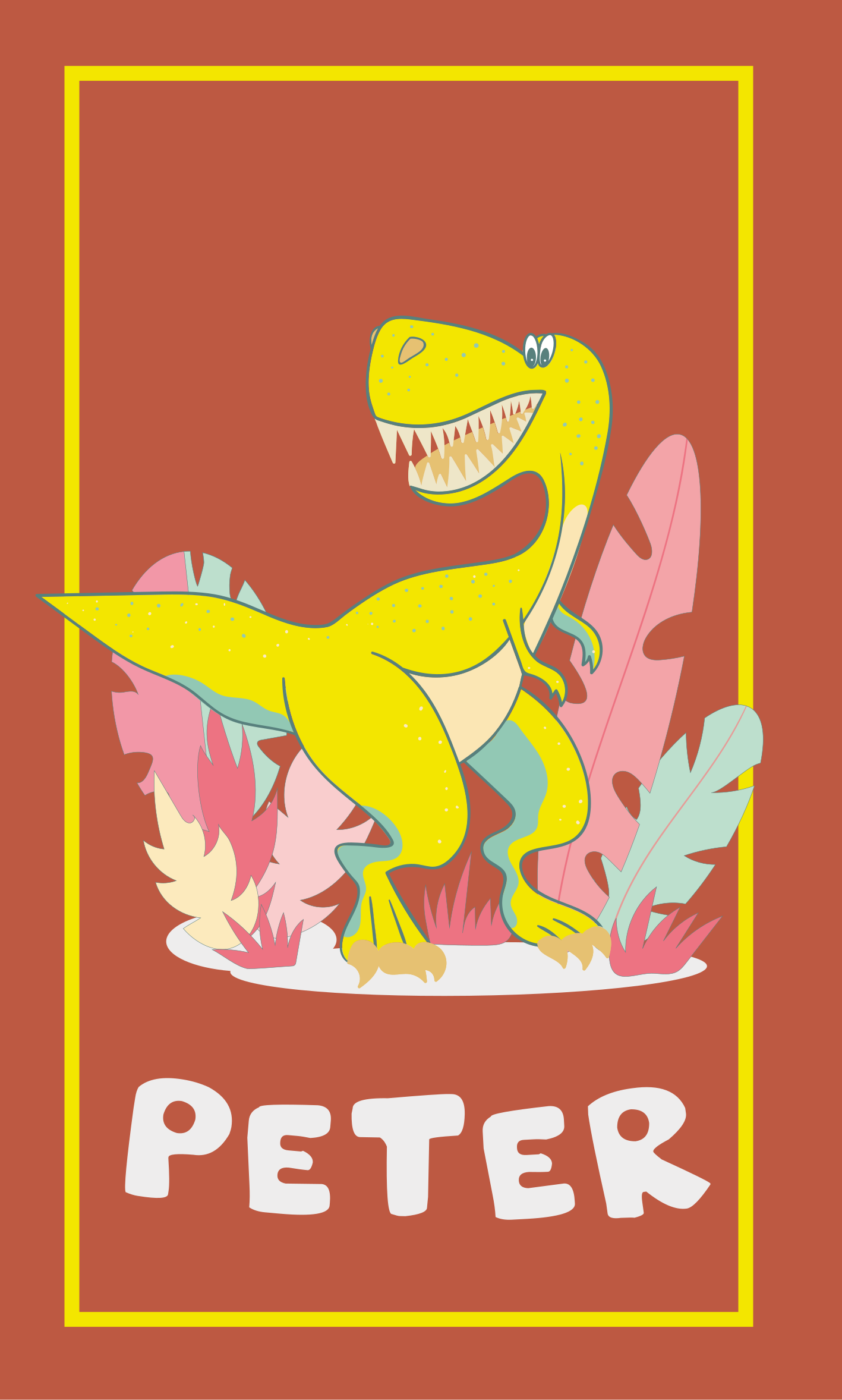 Plakatai vaikų darželis geltonas dinozauras su augalais - „Tenstickers“