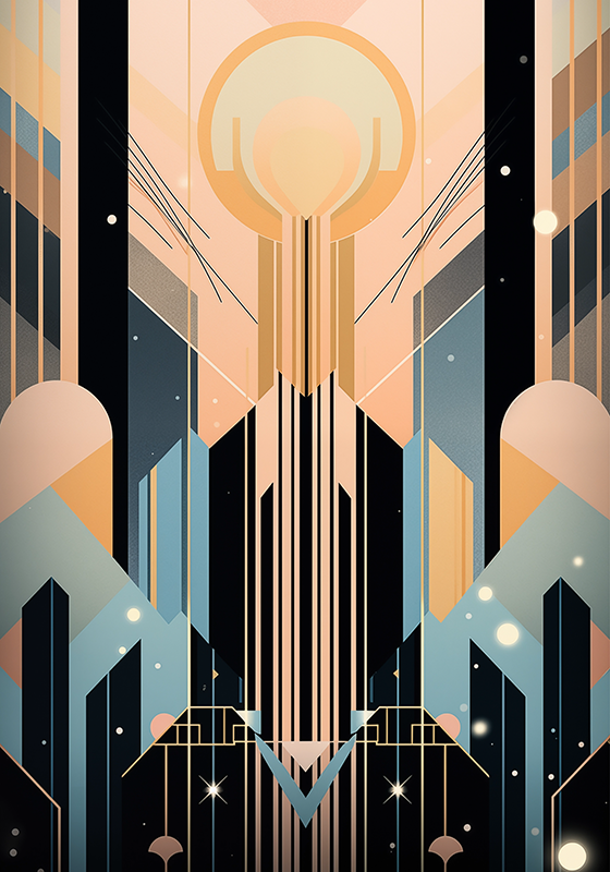 Rožinės ir mėlynos formos Art Deco plakatas - „Tenstickers“