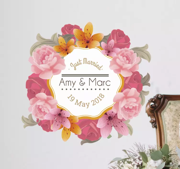 Asmeninis gėlių rėmelio vestuvių lipdukas - „Tenstickers“