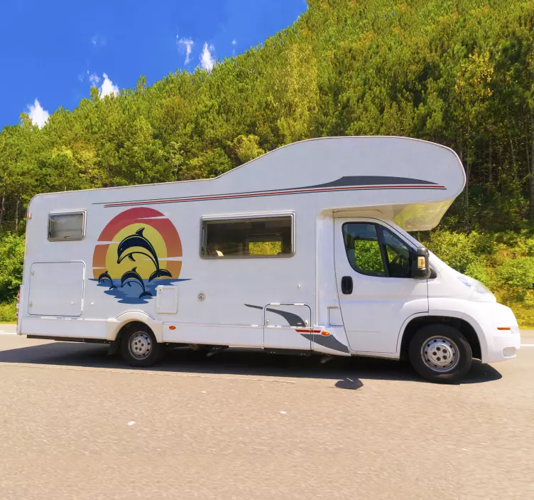 Delfinų saulėlydžio metu namelių ant ratų žuvų lipdukas - „Tenstickers“