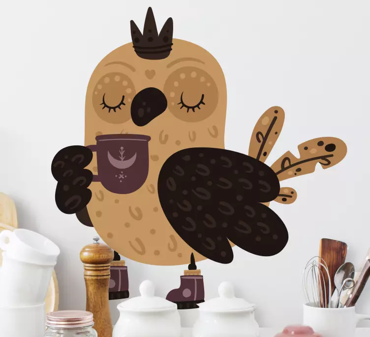 Karališkoji pelėda su kavos puodelio virtuvės sienos lipduku - „Tenstickers“