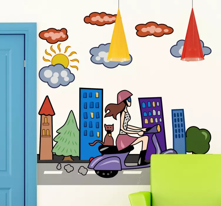 Miesto merginos ant motorolerio animuotasis paveiksliukas - „Tenstickers“