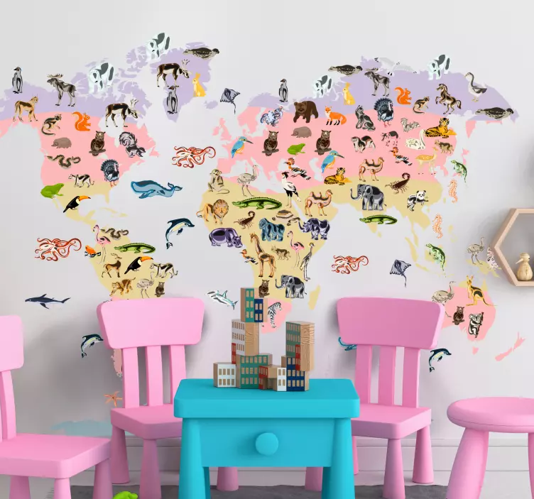 Pastelinis gyvūnų motyvas pasaulio žemėlapio lipdukas - „Tenstickers“