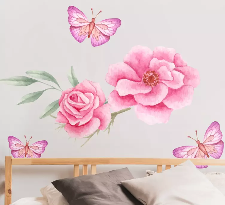Rožinių rožių ir drugelių gėlių sienos lipdukas - „Tenstickers“