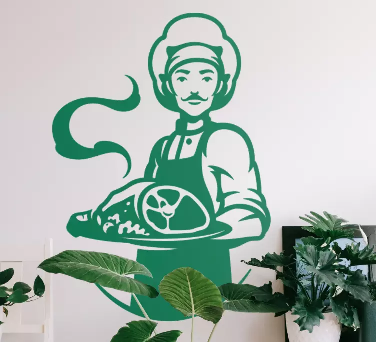 Virėjas, laikantis lėkštės sienų lipduką restoranui - „Tenstickers“