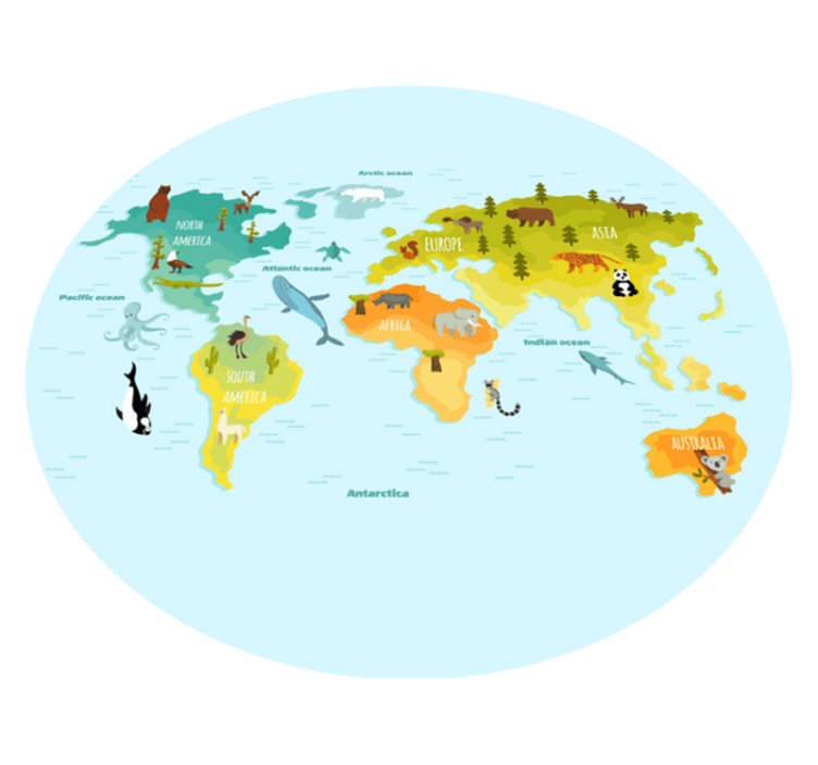 Pasaulio žemėlapis vinilo kilimėlis iliustruotų gyvūnų - „Tenstickers“
