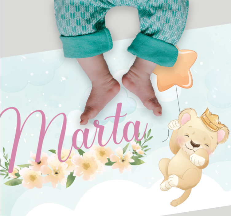 Liūtas su oro balionu ir vardu kilimas vaiko kambariui - „Tenstickers“