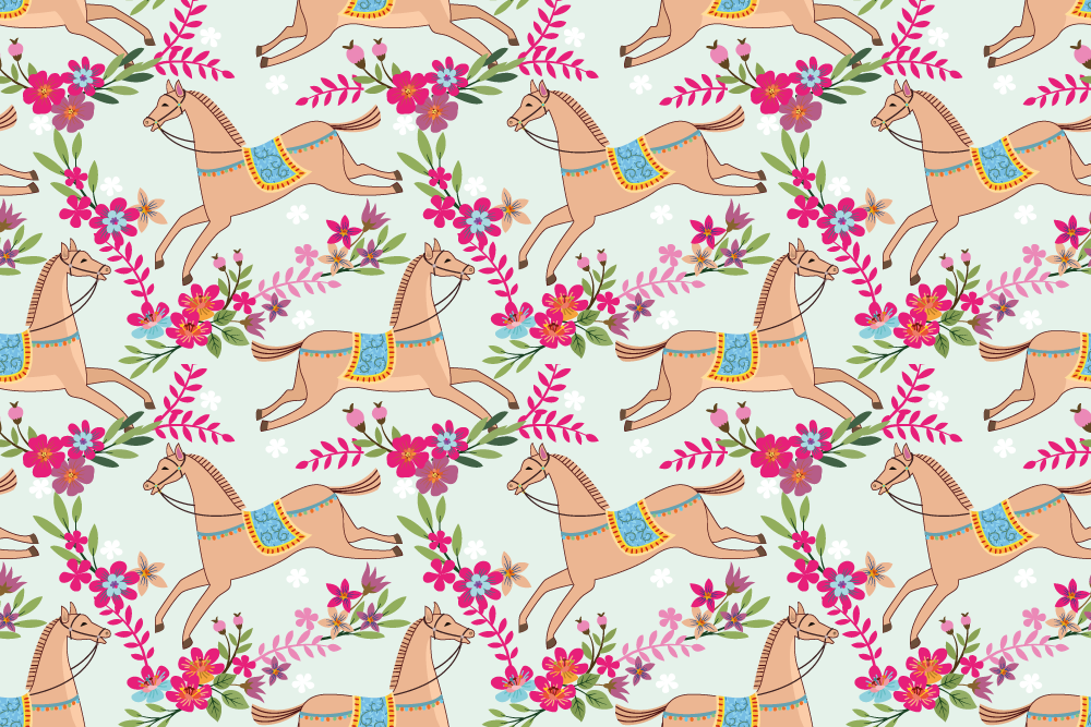 Gyvūnų vinilo kilimėlis su rožinėmis gėlėmis ir žirgais - „Tenstickers“