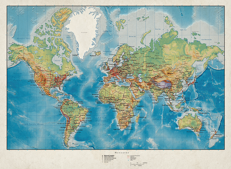 Mercator pasaulio žemėlapis vinilo kilimėlis - „Tenstickers“