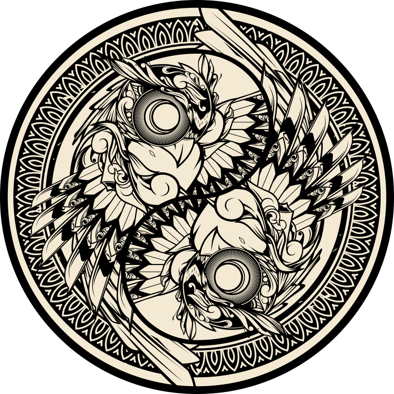 Yin yang pelėda doodle ornament miegamojo kilimas - „Tenstickers“