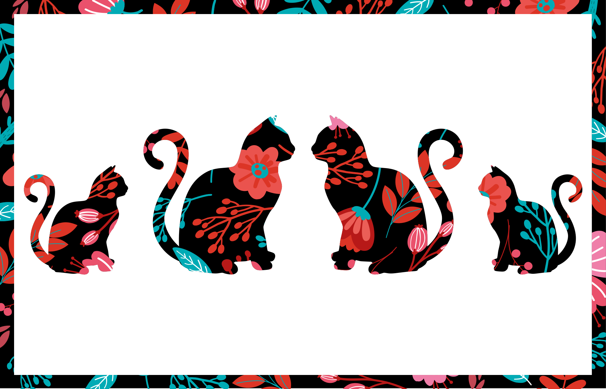 Spalvingų kačių siluetų gėlių rašto kilimėlis - „Tenstickers“