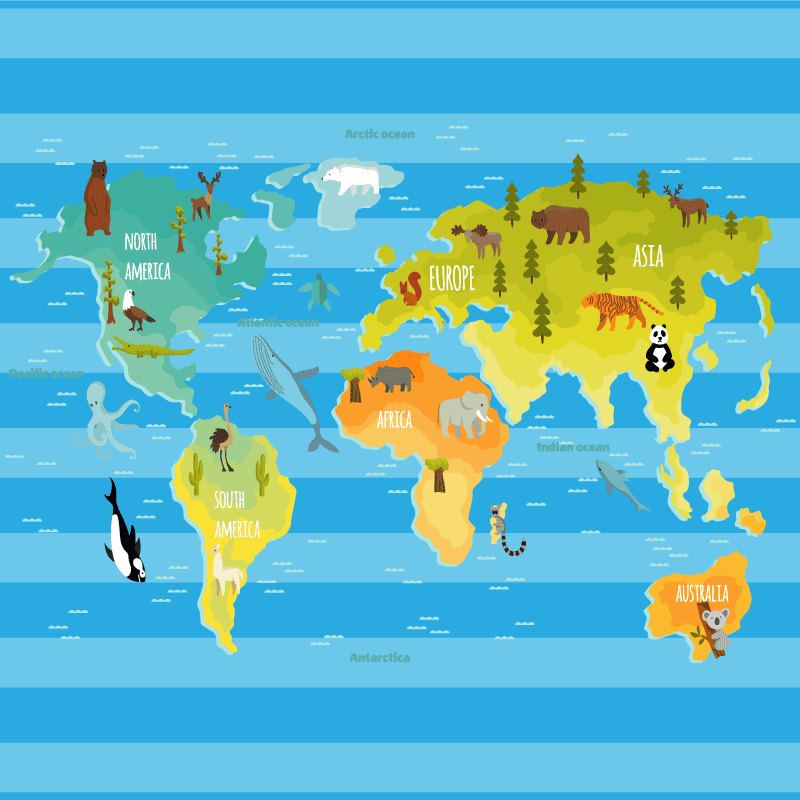 Tipiški žemynų gyvūnai pasaulio žemėlapio kilimas - „Tenstickers“