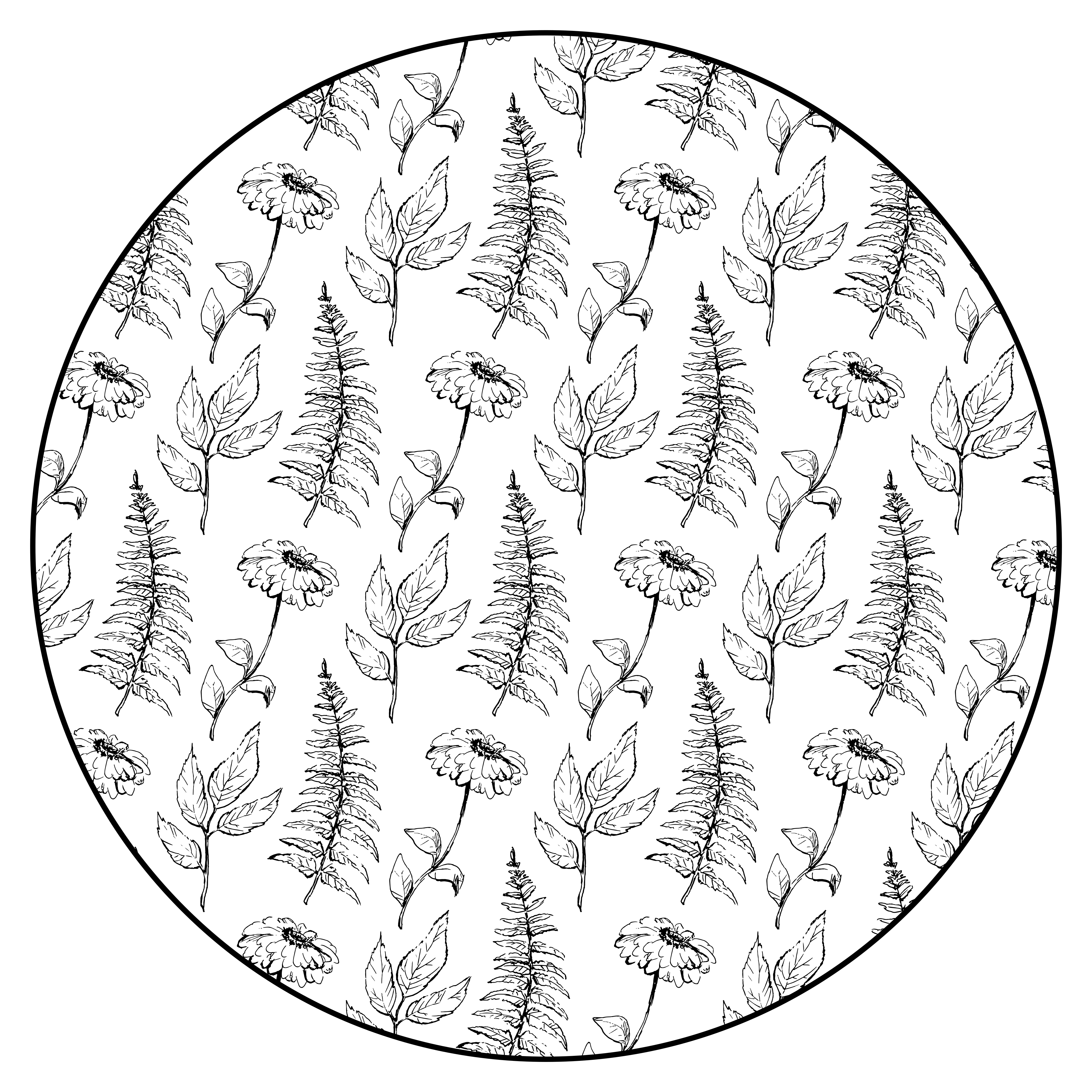 Gėlių juodas kontūras apskritimo formos vinilo kilimėlis - „Tenstickers“