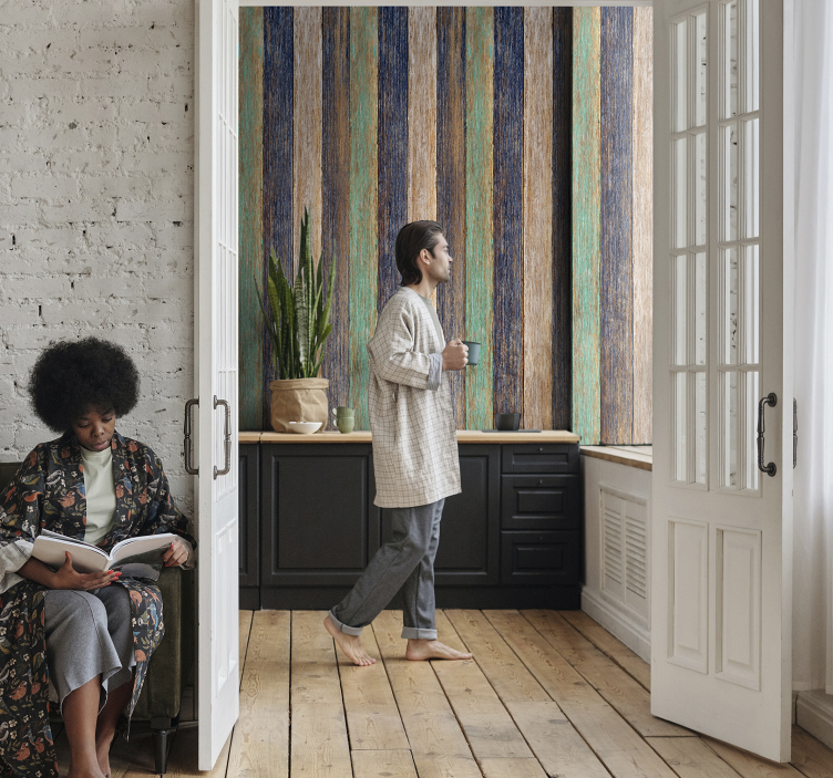 Mėlynos ir rudos spalvos laminato medienos efekto tapetai - „Tenstickers“