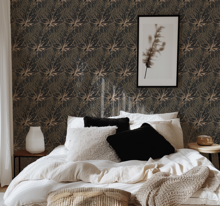 Dideli auksiniai lapai juoda spalva tapetas - „Tenstickers“