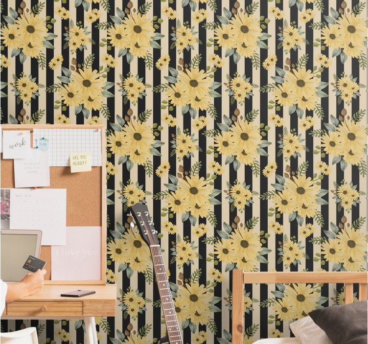 Dryžuotas saulėgrąžų raštas gėlių rašto tapetas - „Tenstickers“
