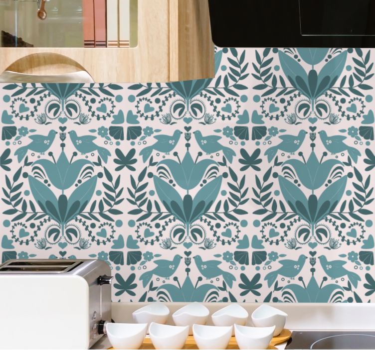 Mėlyni liaudies meno rašto paukščiai gėlėti tapetai - „Tenstickers“