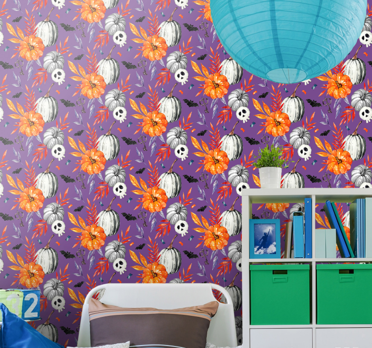 Oranžinės gėlių kaukolės halloween tapetas - „Tenstickers“