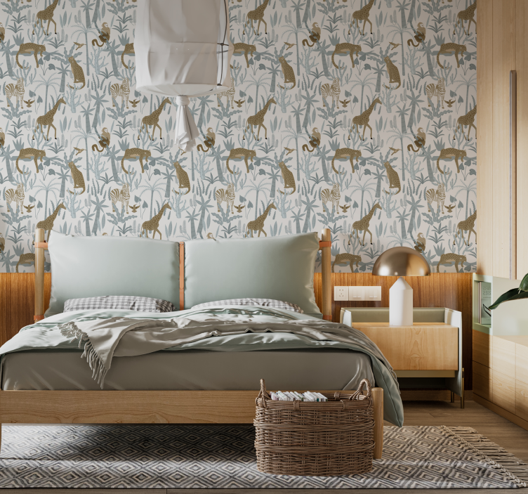 Pastelio spalvų džiunglių raštas pagrindinio miegamojo tapetas - „Tenstickers“